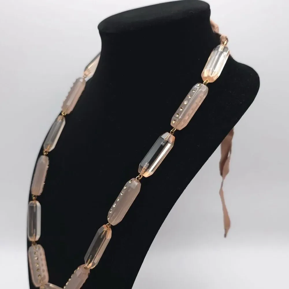J.Crew Bead Necklace Rose Colored Oblong Rhinestones‎ Rose Ribbon Pink